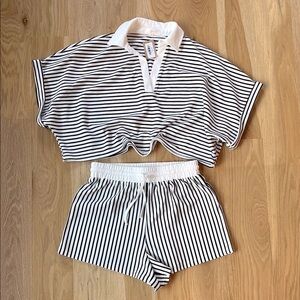 Black and White Cropped Striped Polo and Shorts Set